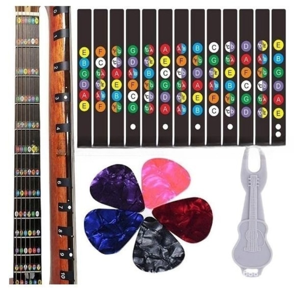 Selvklæbende guitar gribebræt-klistermærker og 9 guitarplukke Mu MultiColor