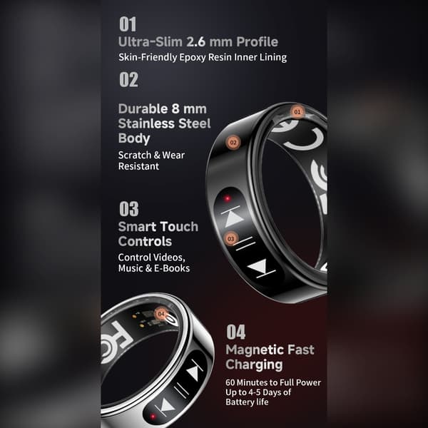 Smart-ring med Bluetooth 5.2, gestusstyring og opladningsetui til hverdagsbrug, sport og livsstilsfunktioner Silver 11 Silver 11