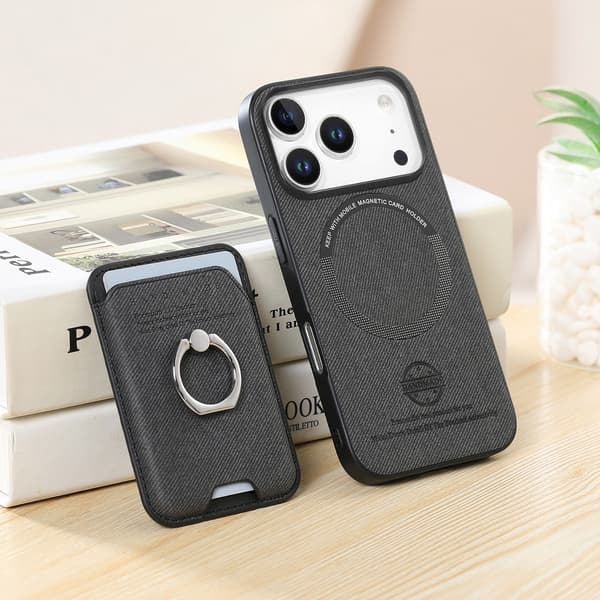 Sort PU Læder Magnetisk Kortholder Ring Etui Kompatibelt med iPhone 17 Pro Max