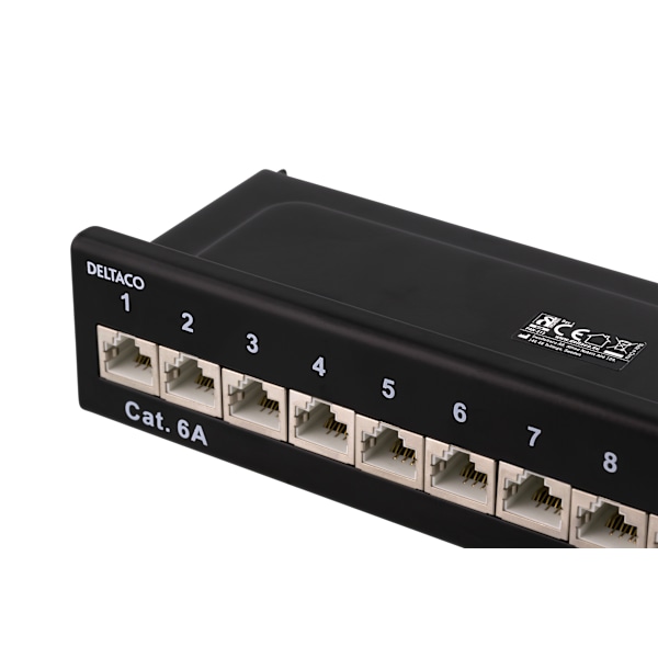 Patch Panel, 12xRJ45, Cat6a, wall-mountable, metal, black