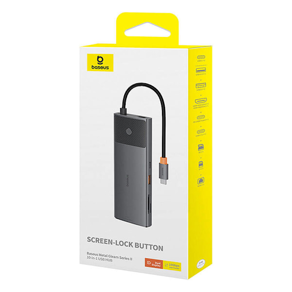 Adapter Hub 10in1 Baseus USB-C - 2xHDMI, 3xUSB-A, USB-C, RJ45, SD/TF, PD (sort)