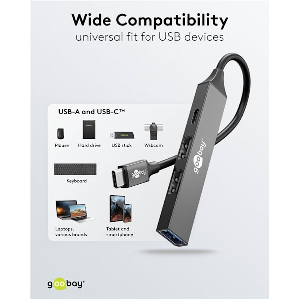 Slim 4-ports USB-hub, USB-C™ til USB-C™/USB-A, 5 Gbit/s