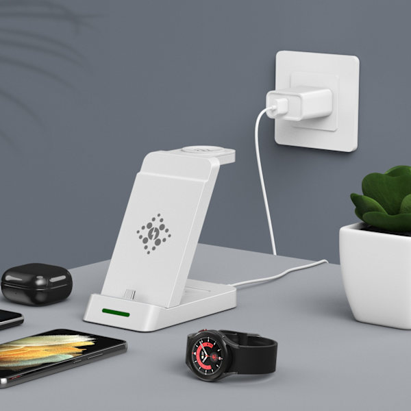 3-i-1 trådløs oplader til telefon, Samsung smartwatch, høretelefoner Hvid