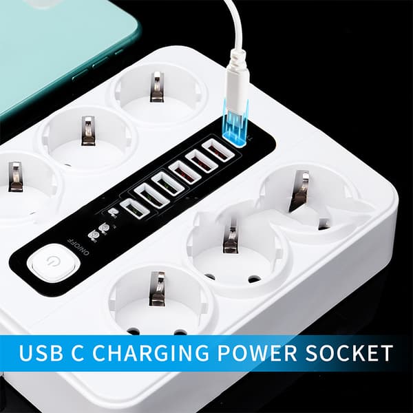 EU 6-stik, 5 USB-porte, 1 USB-C-port White White