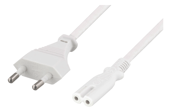 Unearthed power cable, CEE 7/16 to IEC 60320 C7, 0.5m, white