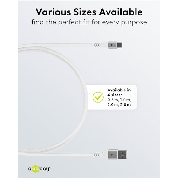 USB-C™ till USB-A supersoft textilkabel med metallkontakter, 3 m, vit