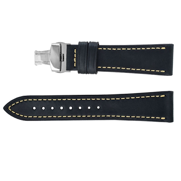 Klockarmband i äkta läder med fjärilsspänne - 22MM Svart