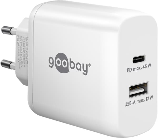 USB-C™ PD GaN dobbelt hurtigoplader (45 W) hvid