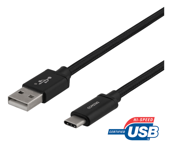 USB-A to USB-C cable, 1m, USB 2.0, braided, black