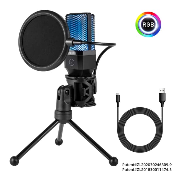 Sort skrivebordsmikrofon med RGB-belysning og USB-C-adapter