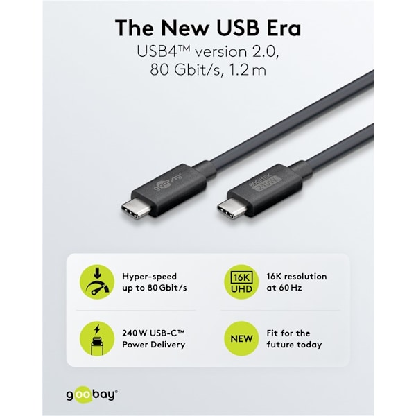 Certifierad USB-C™-kabel, USB4™ version 2.0, 240 W, 80 Gbit/s, PD, 1,2 m