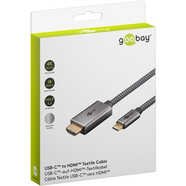 USB-C™-till-HDMI™-textilkabel 4K @ 60 Hz, 2 m, svart;silver