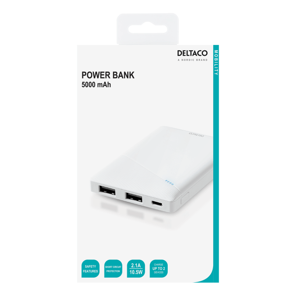 DELTACO power bank 5000 mAh, 2x USB-A, Micro USB, safety feature
