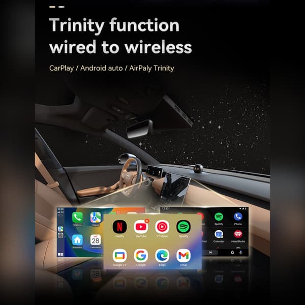 Q1AS Trådlös CarPlay/Android Auto/Mirror Link Box Orange Meteor Streaming Färg Metall+Glas 3-i-1 Android Speglingsskärm Android Auto CarPlay Box