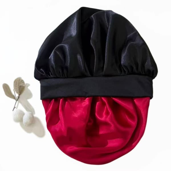 Adjustable No-Trace Silk-Feel Sleep Bonnet - Elastic Band For All Head Sizes, Portable, Warm Black+Red Black+Red
