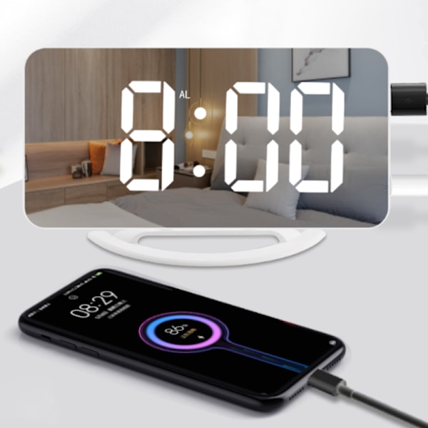 Spejlvækkeur med Vibration og USB-opladning