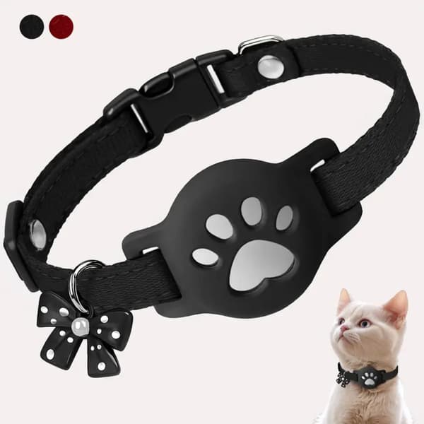 Adjustable Reflective Cat Collar with Silicone Holder kompatibelt med Apple AirTag - Waterproof Polyester Pet Tracker Strap Black Black
