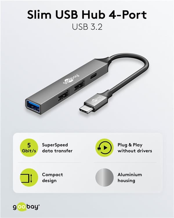 Ohut USB-keskitin 4 portilla, USB-C™ - USB-C™/USB-A, 5 Gbit/s