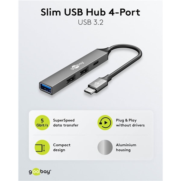 Slim USB-hubb med 4 portar, USB-C™ till USB-C™/USB-A, 5 Gbit/s