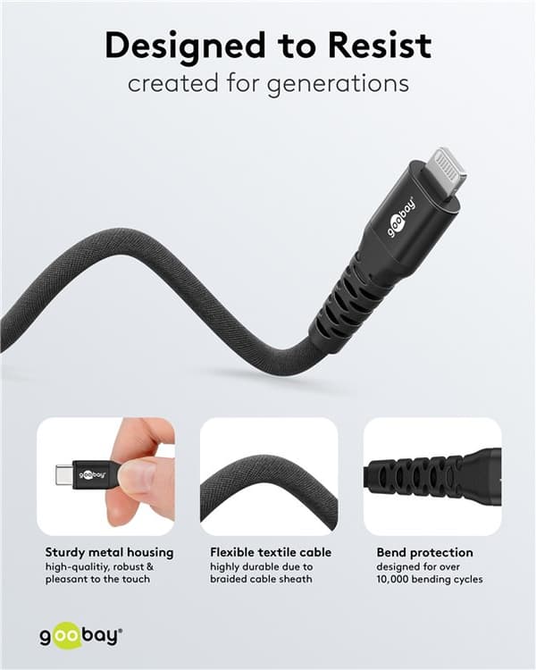 Lightning-USB-C™ superpehmeä tekstiilikaapeli metalliliittimillä, 3 m, musta