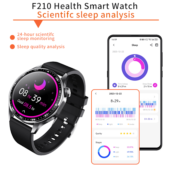 Smartwatch med EKG, pulsmåler, blodtryksmåler og skridttæller Black Bamboo Edition rem