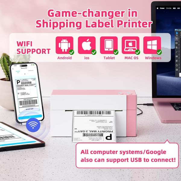 WiFi termisk etiketprinter 300dpi for skarpe stregkoder til forsendelse og lager med 108mm printbredde, WiFi+Bluetooth, USB/netværk White+Pink White+Pink