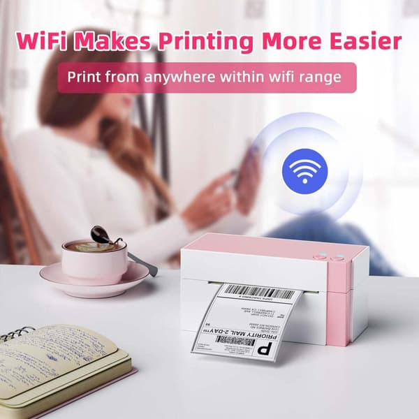 WiFi termisk etiketprinter 300dpi for skarpe stregkoder til forsendelse og lager med 108mm printbredde, WiFi+Bluetooth, USB/netværk White+Pink White+Pink