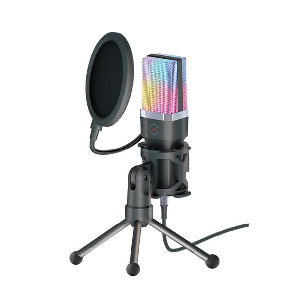 Sort skrivebordsmikrofon med RGB-belysning og USB-C-adapter