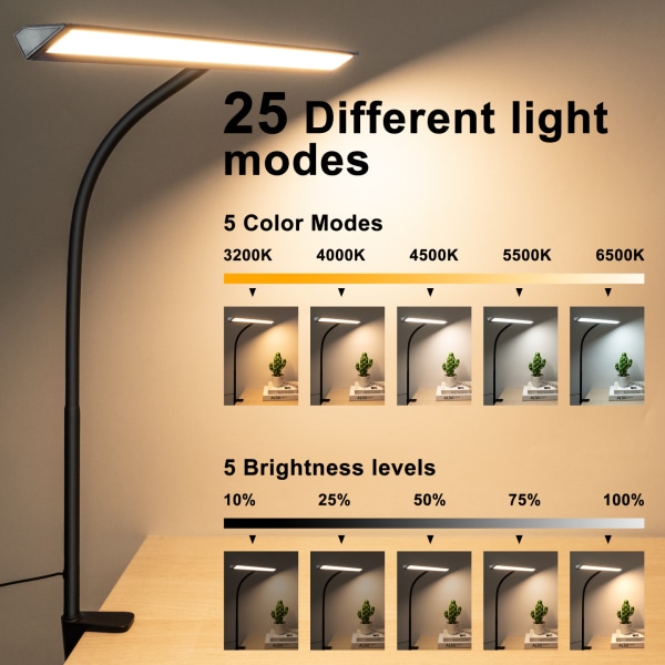 LED bordlampe med klemme 5 farvetilstande 5 lysstyrker