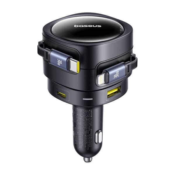 Baseus Enjoyment Max biloplader med USB-C+Lightning-kabler og USB-A+USB-C-porte 90W Sort