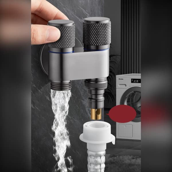 Dual-Control 1-in-2 Washing Machine Angle Valve - Stainless Steel Space-Saving Dual Outlet G1/2 Thread Grey Grey