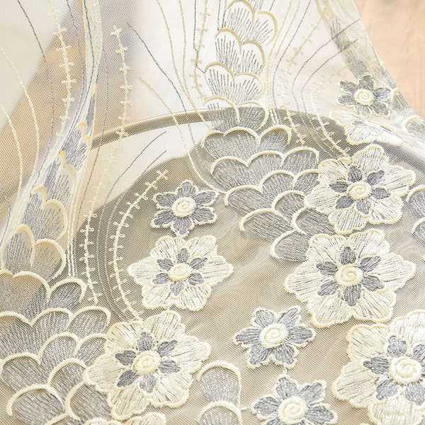Grå Broderad Blommig Skir Gardin - Stångficka Voile Panel för Vardagsrum, Sovrum L L