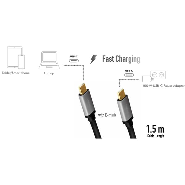 USB-C til USB-C kabel 100W 480 Mbps 1,5m aluminium