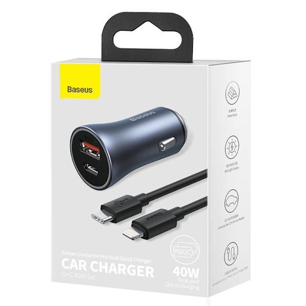 Ładowarka samochodowa Baseus Golden Contactor Pro, USB + USB-C, QC4.0+, PD, SCP, 40W (szara) + kabel USB-C till iP 1m (t