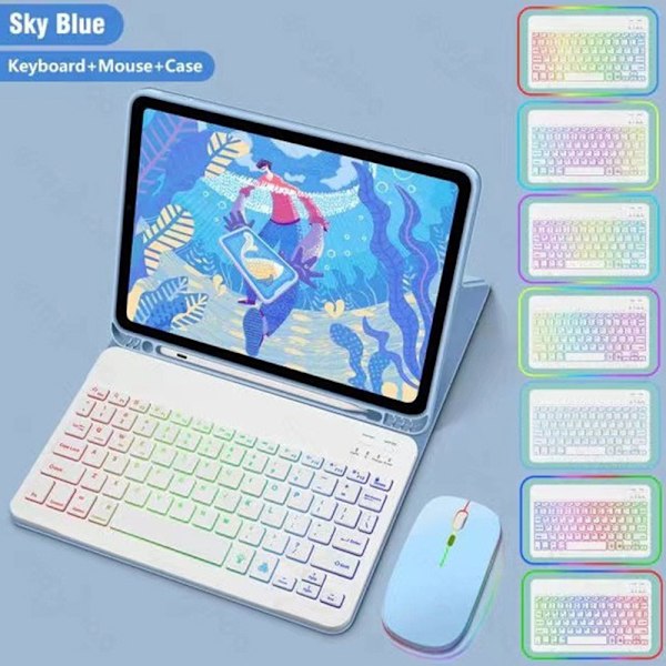 Läderfodral för iPad med RGB Bluetooth-tangentbord och mus iPad 12,9 tum Blå