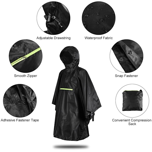 Vandtæt regnponcho - sort polyester PU Sort