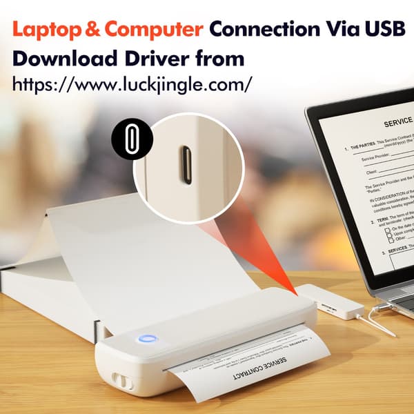 Bärbar A4 bläckfri termisk skrivare med Bluetooth och USB, uppladdningsbart polymerbatteri, kompatibel med iOS, Android och Windows, stöder 2.0 inch t White
