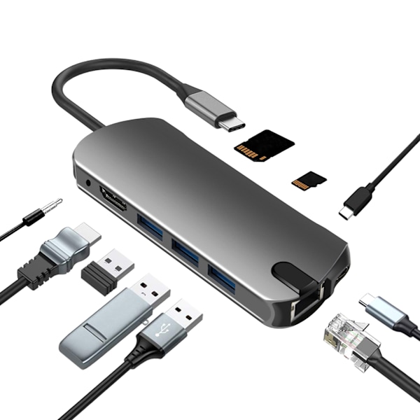 10-in-1 USB-C Hub HDMI:llä, Ethernetillä ja SD-kortinlukijalla