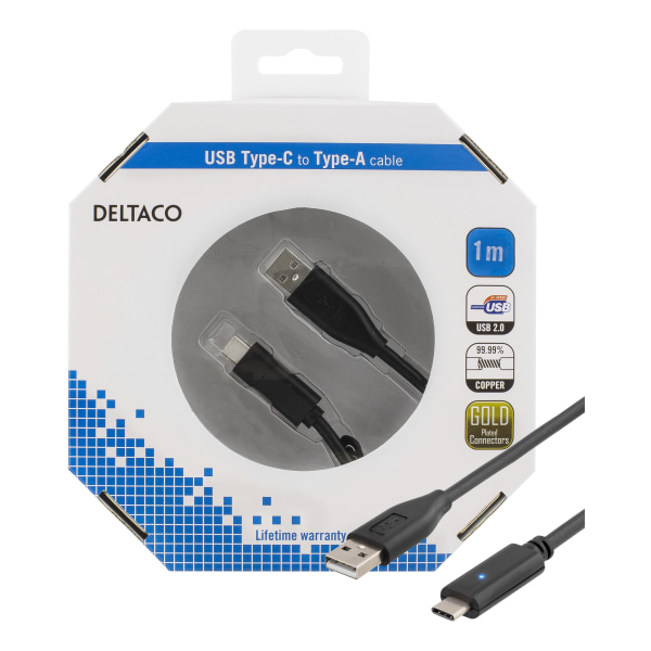 USB 2.0 cable, 1m, Type C - Type A male, PD prof 1, black