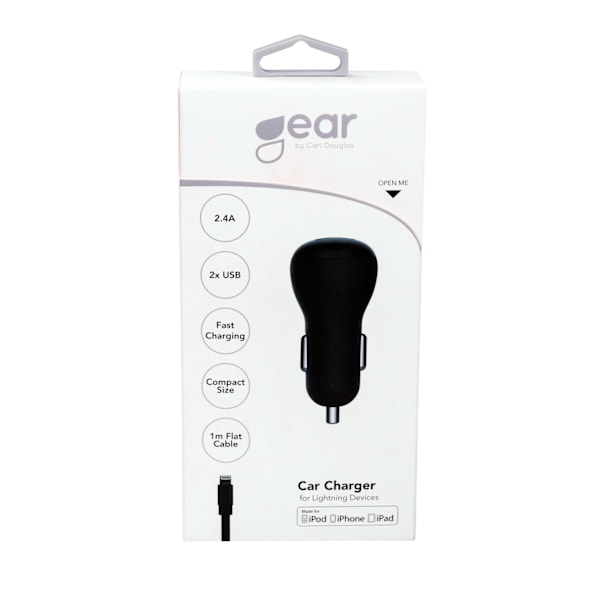 Laddare 12-24V 2xUSB 2,4A Svart Lightning Kabel platt 1m MFI