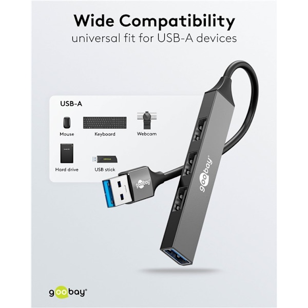 Slim USB-hubb med 4 portar, USB-A till USB-A, 5 Gbit/s