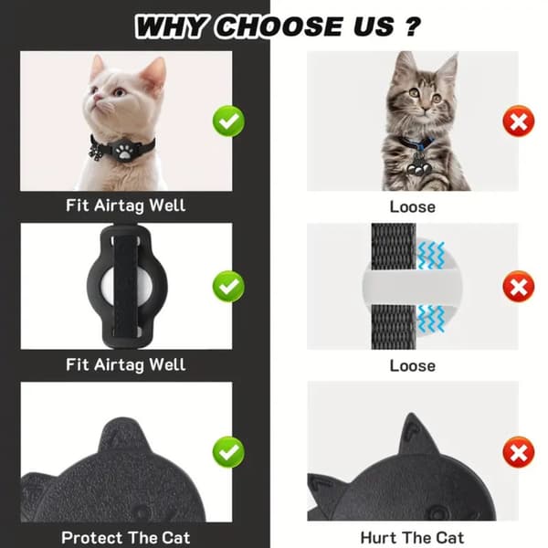 Adjustable Reflective Cat Collar with Silicone Holder kompatibelt med Apple AirTag - Waterproof Polyester Pet Tracker Strap Black Black