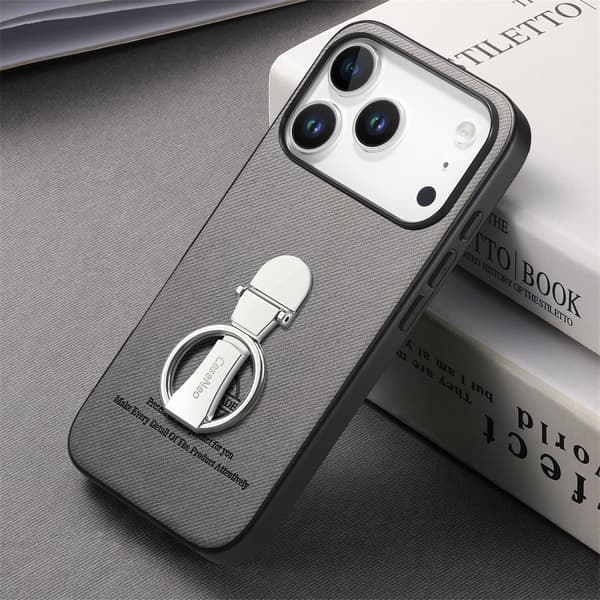 Grått PU Läderfodral Kompatibelt med iPhone 17 Pro med 360° Roterande Ringstativ