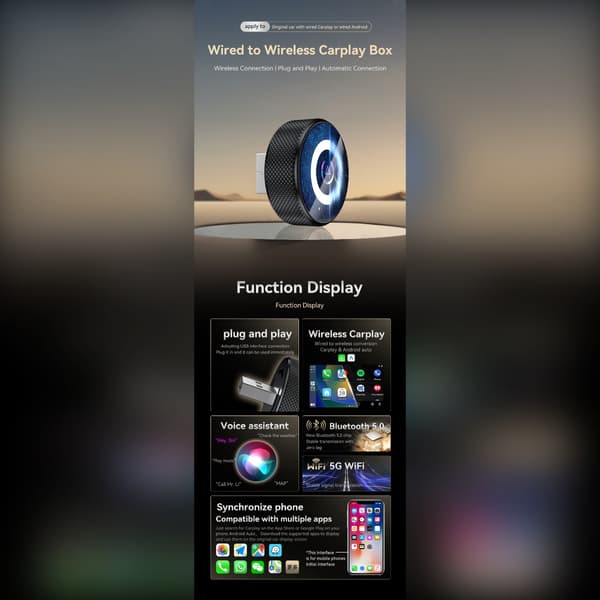 Smart Bilforbindelsesboks: Trådløs CarPlay & Android Auto 2-i-1 Adapter (Metal + Glas) Blue+Black Blue+Black