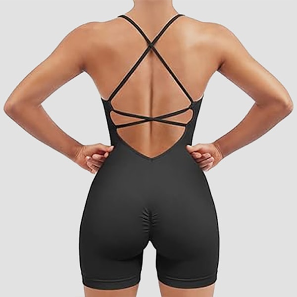 Sømløs rygfri bodysuit yoga jumpsuit - sort XS