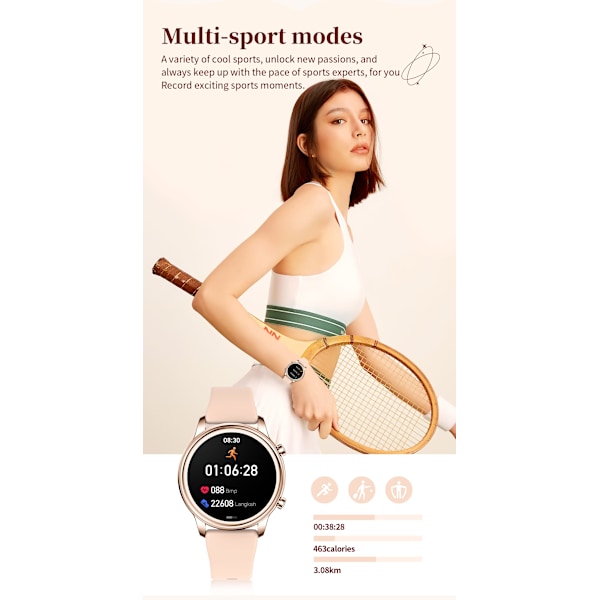 Smartwatch med fitnesstracker og avanceret sundhedsovervågning Lyserød