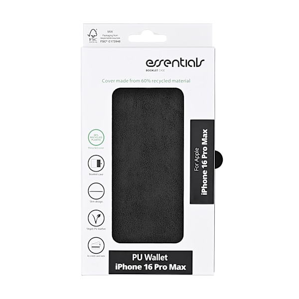iPhone 16 Pro Max PU wallet, recycled, 3 cards, black
