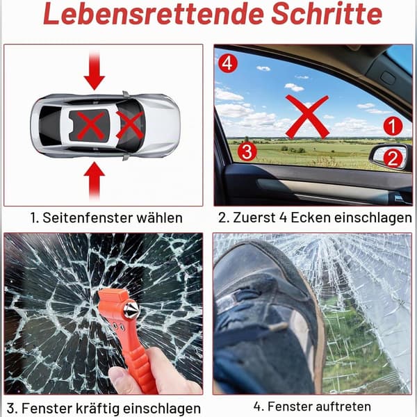 2-pack röda bilsäkerhetshammare med glasbrytare, skärare och monteringsbas