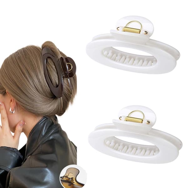 Hul oval hårklemme til tykt hår – 2-pak, PC-materiale, brede tænder, nem en-hånds styling til arbejde og hverdag White White