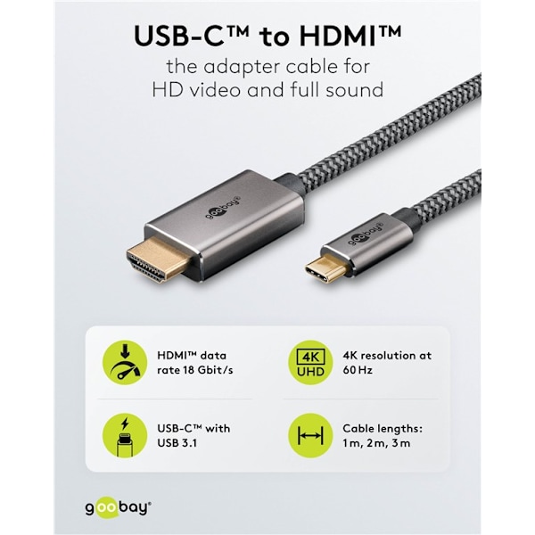 USB-C™-till-HDMI™-textilkabel 4K @ 60 Hz, 1 m, svart;silver